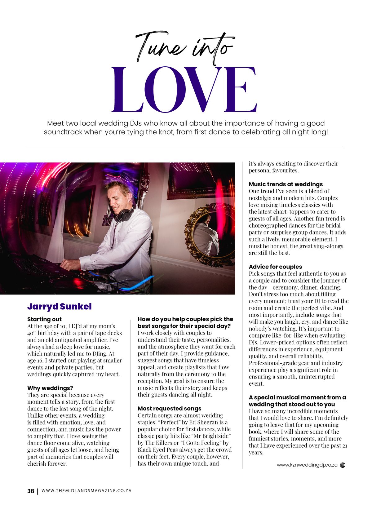 The Midlands Magazine page 38 featuring wedding DJ Jarryd Sunkel discussing music trends and advice for couples