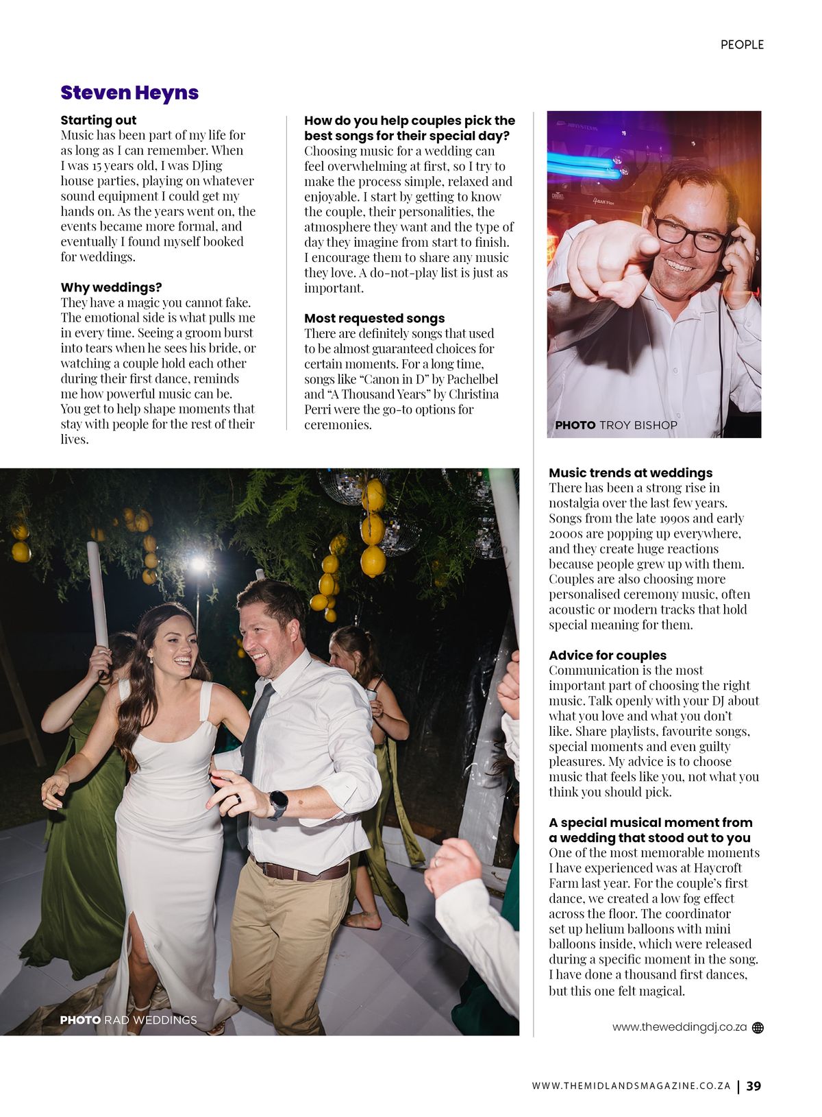 The Midlands Magazine page 39 featuring KZN wedding DJ Steven Heyns sharing insights on wedding music and memorable moments