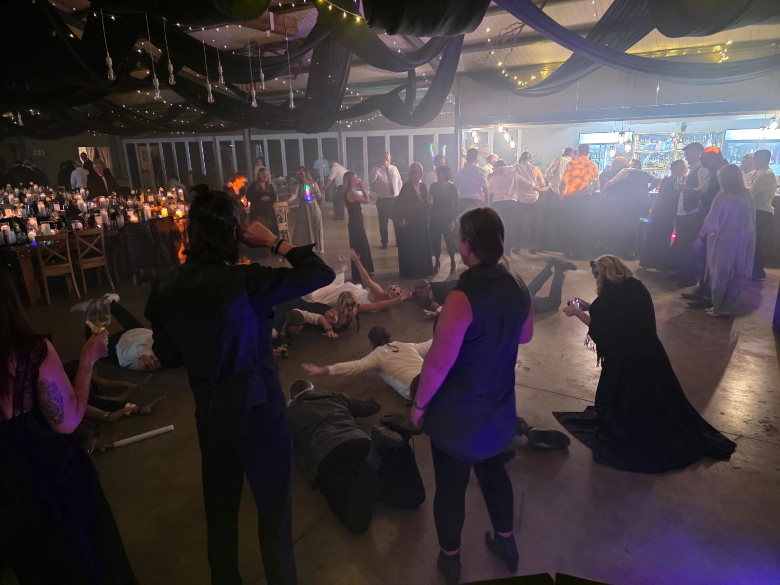 Fun dance floor routine with guests at Haycroft Farm wedding reception in KZN Midlands