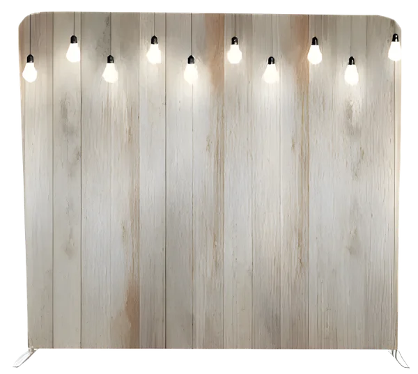 Rustic wood photo booth backdrop with hanging lights for indoor wedding events in KZN